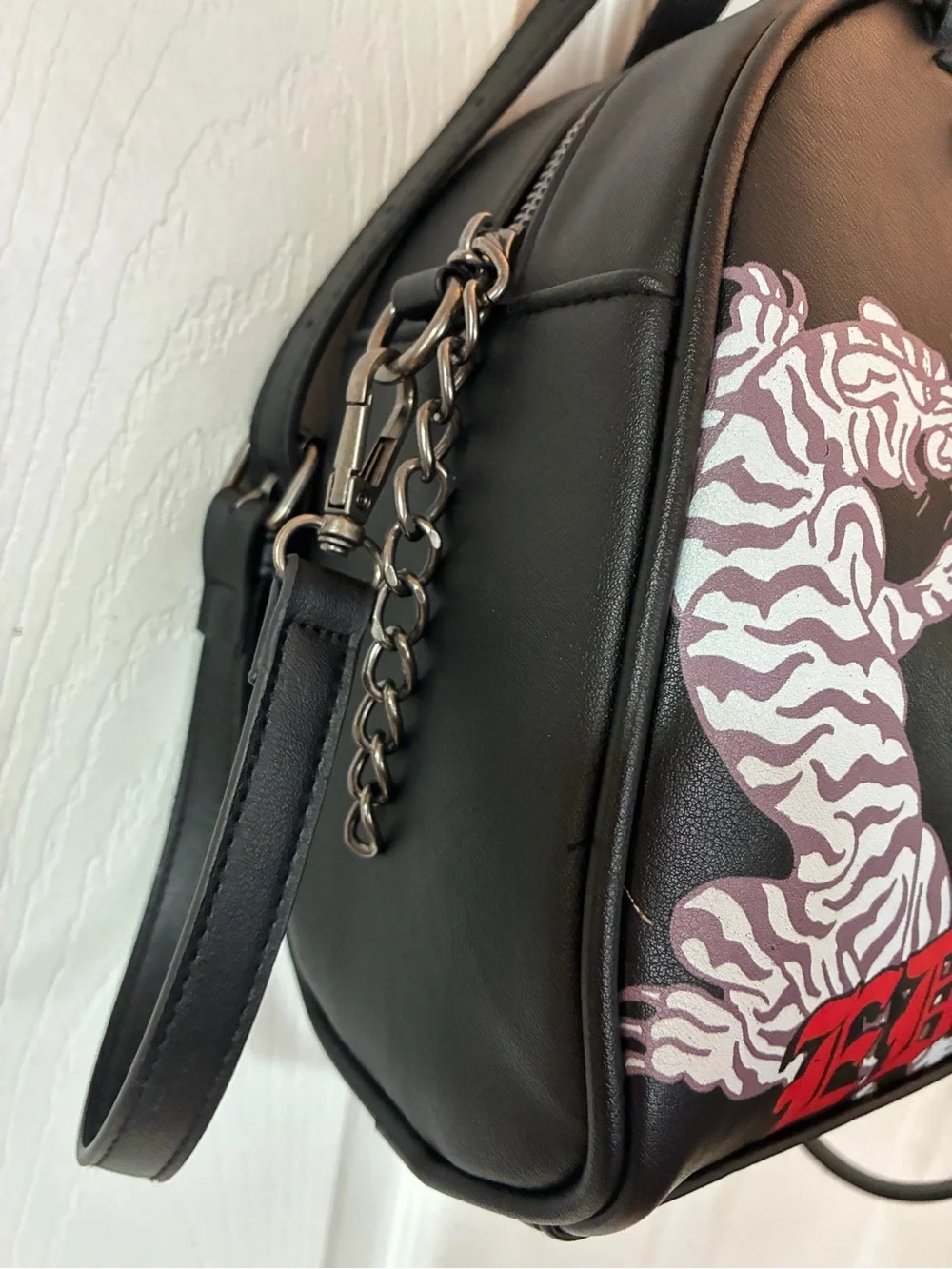 Ed Hardy Black Dome Satchel Tiger & Floral Tattoo Print Bowler Bag Y2K